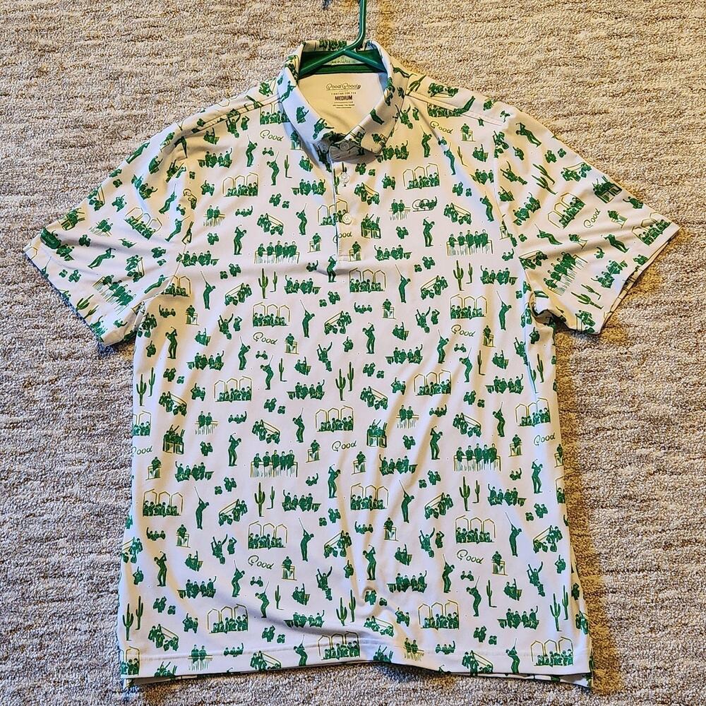 Good Good Polo Shirt Mens Medium White Allover Golf Print Performance Stretch